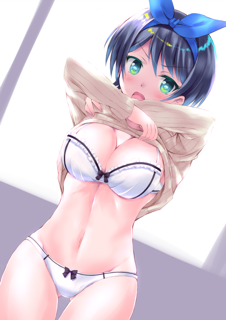 1girl ass_visible_through_thighs backlighting black_ribbon blue_ribbon bra breasts clothes_lift cowboy_shot crossed_arms eyebrows_visible_through_hair frilled_bra frills hair_ribbon hands_up kanojo_okarishimasu kouzuki_hajime large_breasts lifted_by_self long_sleeves looking_at_viewer navel open_mouth panties ribbon ribbon_panties sarashina_ruka shiny shiny_hair short_hair solo sweater sweater_lift thigh_gap thighs tongue underwear v-shaped_eyebrows white_bra white_panties