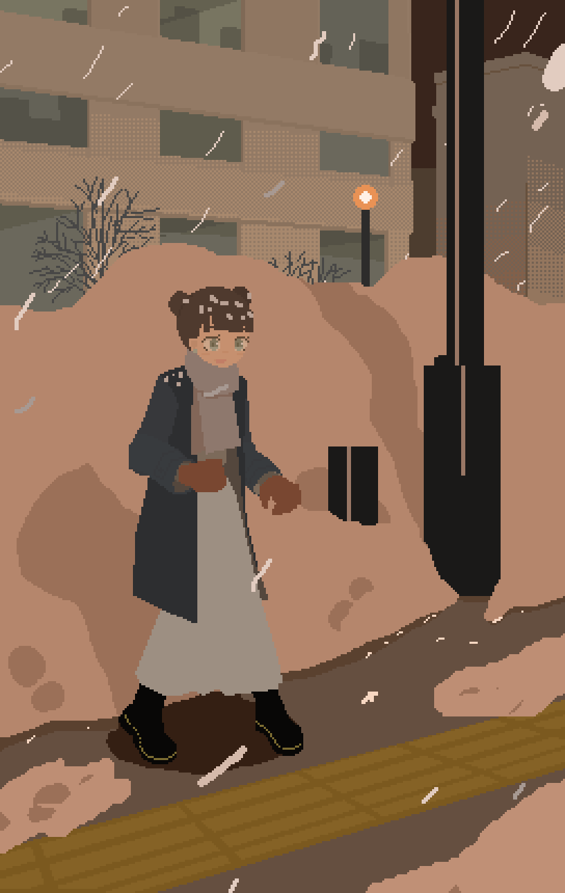 1girl animated animated_gif black_footwear blue_eyes boots brown_hair building coat double_bun dress gloves grey_scarf highres lamppost original outdoors peco-pech pixel_art red_gloves scarf shadow snow snowing solo standing throwing white_dress