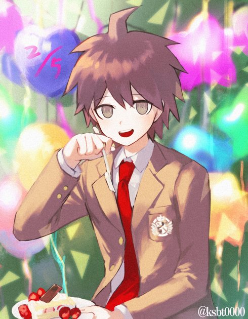 1boy :d ahoge balloon bangs brown_eyes brown_hair brown_jacket cake cake_slice collared_shirt dangan_ronpa food jacket ksbt0000 long_sleeves looking_at_viewer male_focus naegi_makoto necktie open_mouth red_neckwear school_uniform shirt short_hair sitting smile solo twitter_username upper_body white_shirt