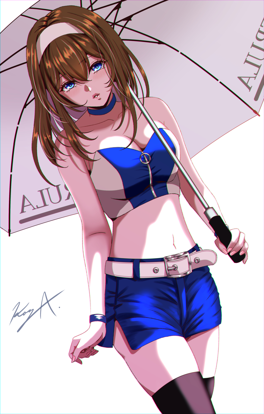 1girl bangs belt belt_buckle black_legwear blue_choker blue_eyes blue_shorts brown_hair buckle choker collarbone cowboy_shot dutch_angle eyebrows_visible_through_hair hair_between_eyes hairband highres holding holding_umbrella idolmaster idolmaster_cinderella_girls koya_(koya_x_00) long_hair looking_at_viewer midriff navel parted_lips racequeen sagisawa_fumika shiny shiny_hair short_shorts shorts side_slit signature solo standing stomach strapless thigh-highs umbrella white_background white_belt white_hairband white_umbrella zettai_ryouiki