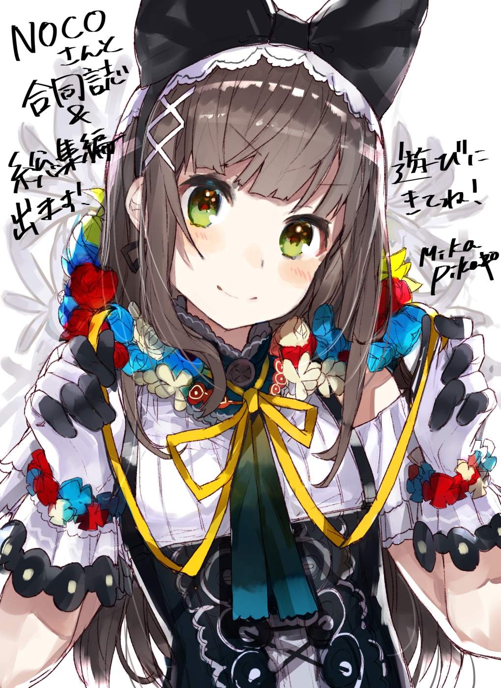 1girl black_bow black_dress blush bow brown_hair closed_mouth dress gloves green_eyes hair_bow hairband hands_up head_tilt highres long_hair looking_at_viewer looking_to_the_side mika_pikazo neck_ribbon original red_pupils ribbon smile solo upper_body white_gloves yellow_neckwear yellow_ribbon
