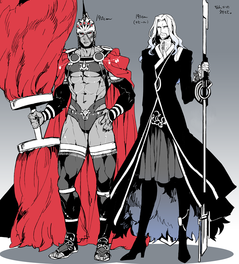 2boys abs beard black_nails black_sclera blue_eyes bulge cape chest chest_harness earrings elbow_gloves facial_hair fate/apocrypha fate/grand_order fate_(series) full_body fur-trimmed_sleeves fur_trim gloves hand_on_hip harness hat height_chart height_difference helmet high_heels holding holding_weapon jewelry koshiro_itsuki lance limited_palette lip_piercing long_hair long_sleeves looking_at_viewer male_focus multiple_boys muscle navel piercing planted_weapon polearm red_cape red_eyes revealing_clothes romulus_(fate/grand_order) simple_background thick_thighs thigh-highs thighs tree_branch vlad_iii_(fate/apocrypha) weapon