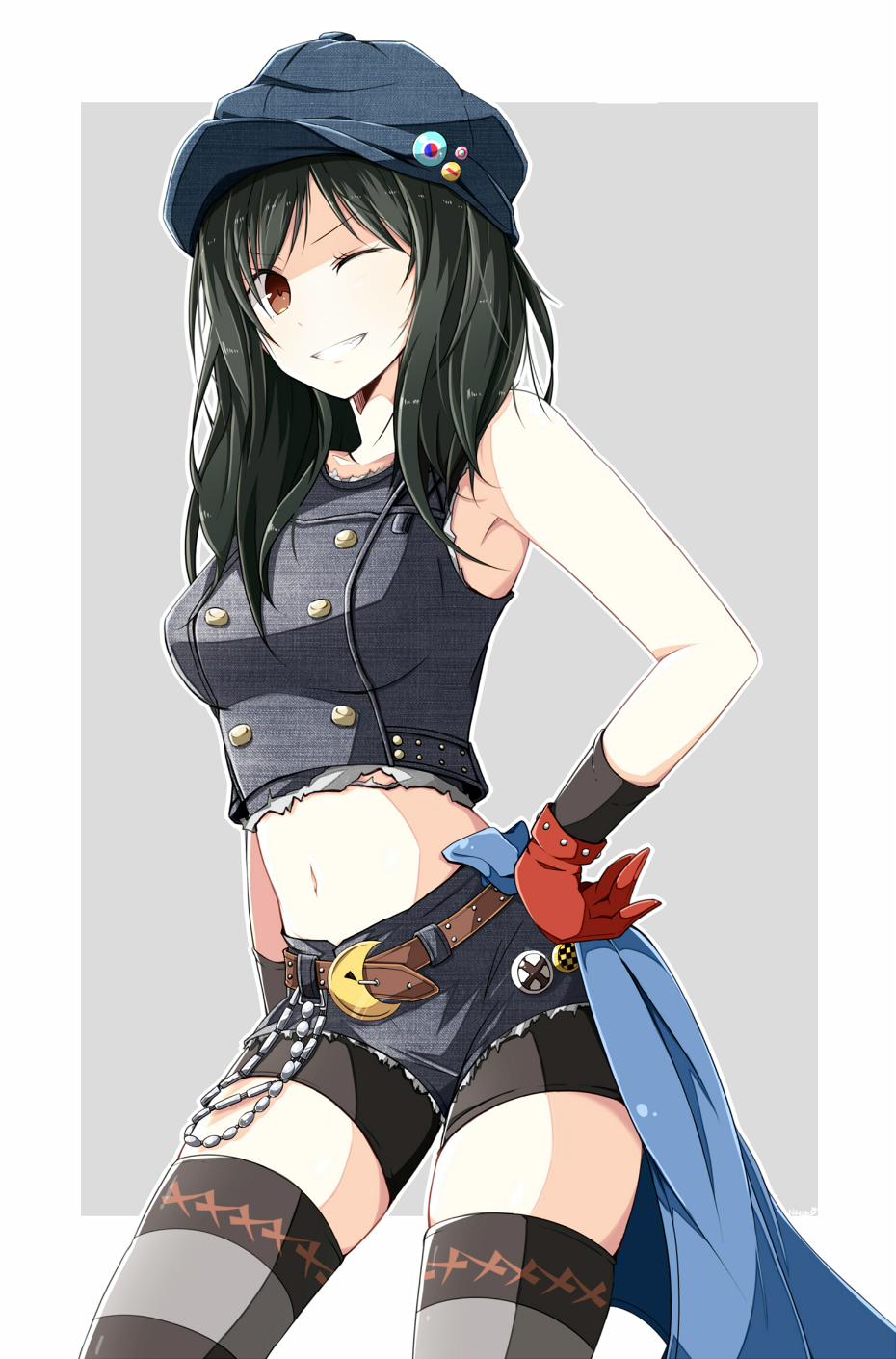 1girl belt_chain bike_shorts bike_shorts_under_shorts black_hair blue_sash cabbie_hat crescent_belt_buckle denim denim_shirt denim_shorts final_fantasy final_fantasy_vii final_fantasy_vii_remake gloves hand_on_hip hat highres kyrie_canaan looking_at_viewer nanao_(zonzonsh) navel red_gloves sash shorts smile solo stomach striped striped_legwear thigh-highs