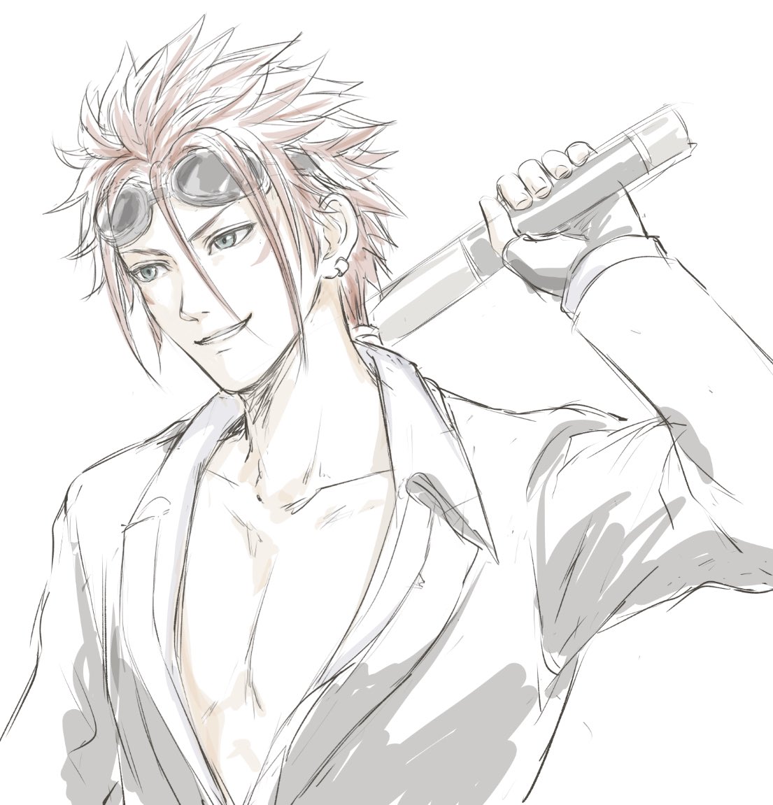 1boy bangs chest collarbone earrings final_fantasy final_fantasy_vii final_fantasy_vii_remake goggles goggles_on_head grin holding holding_weapon jacket jewelry long_sleeves male_focus mondi_hl over_shoulder partially_unbuttoned redhead reno_(ff7) shirt simple_background sketch smile solo spiky_hair spot_color teeth upper_body weapon weapon_over_shoulder white_background
