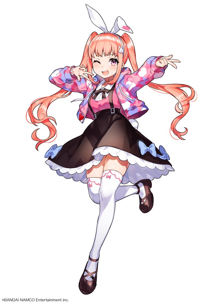 1girl :d black_ribbon black_skirt blue_bow bow brown_footwear denonbu double_w floating_hair full_body hair_bow hairband hand_up jacket long_hair long_sleeves looking_at_viewer mika_pikazo official_art open_clothes open_jacket open_mouth orange_hair pink_eyes pink_jacket pink_vest ribbon sakurano_mimito shirt shoes simple_background skirt smile solo suspender_skirt suspenders thigh-highs twintails vest w watermark white_background white_bow white_legwear white_shirt