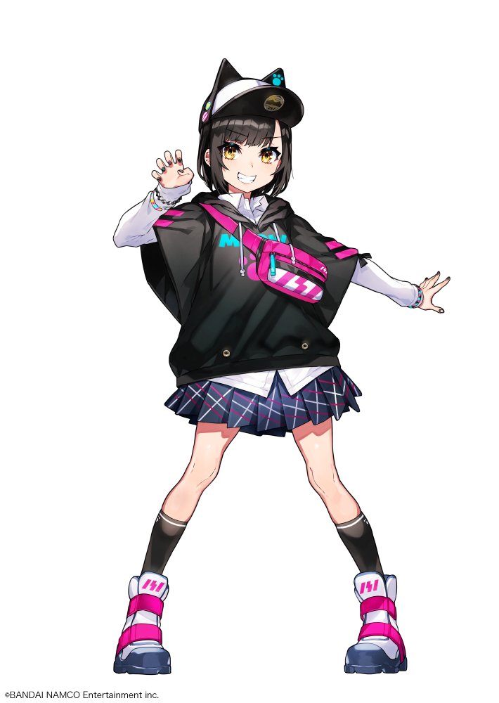 1girl animal_hat ankle_boots baseball_cap black_hair black_legwear blue_skirt bob_cut boots cat_hat claw_pose closed_mouth collared_shirt denonbu fanny_pack full_body grin hat kurogane_tama long_sleeves looking_at_viewer mika_pikazo miniskirt official_art pigeon-toed pleated_skirt shirt short_hair short_over_long_sleeves short_sleeves simple_background skirt smile socks solo watermark white_background white_shirt wing_collar yellow_eyes