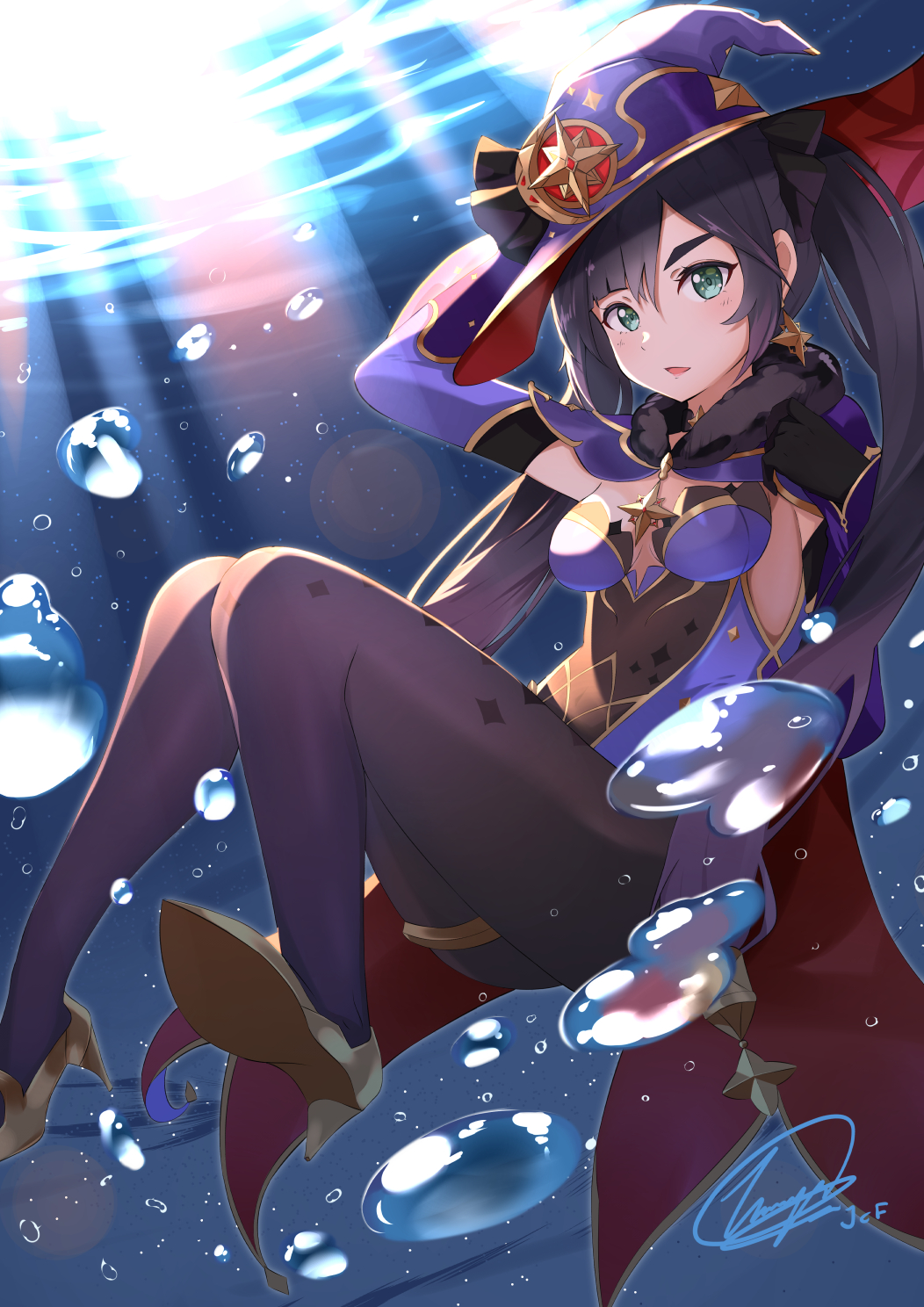 1girl air_bubble aqua_eyes ass bangs black_gloves black_hair black_legwear breasts bubble cape earrings elbow_gloves fur_trim genshin_impact gloves hair_between_eyes hat hat_ornament high_heels highres jcf jewelry leotard long_hair looking_at_viewer mage medium_breasts mona_(genshin_impact) pantyhose purple_headwear purple_leotard red_cape signature solo star_(symbol) star_earrings star_hat_ornament thighlet twintails underwater very_long_hair water witch_hat wizard_hat yellow_footwear
