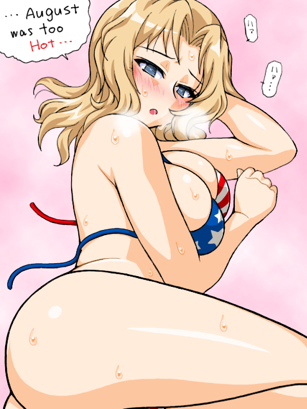 1girl american_flag_bikini ass bikini blonde_hair blue_eyes blush breasts breath commentary_request empty_eyes english_text flag_print frown girls_und_panzer hair_intakes half-closed_eyes kay_(girls_und_panzer) large_breasts long_hair looking_at_viewer looking_back lying on_side oosaka_kanagawa open_mouth partial_commentary pink_background simple_background solo sweat swimsuit translated untied untied_bikini