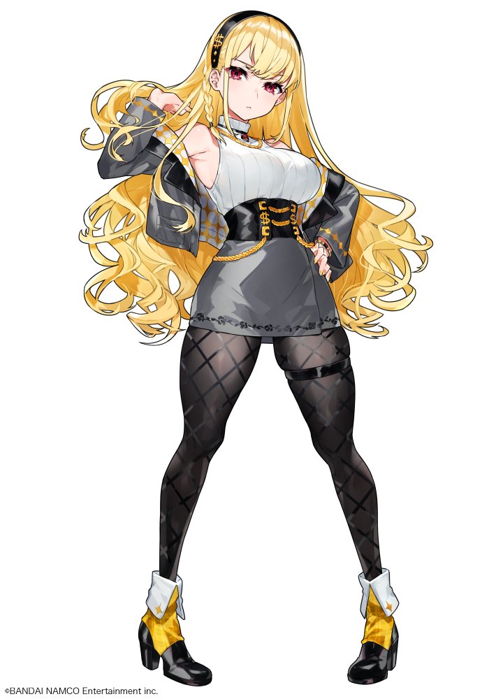 1girl bare_shoulders black_hairband black_legwear blonde_hair breasts closed_mouth denonbu fishnet_legwear fishnets full_body grey_jacket grey_skirt hairband hand_on_hip head_tilt high_heels jacket large_breasts long_hair long_sleeves looking_at_viewer mika_pikazo official_art open_clothes open_jacket pantyhose pigeon-toed red_eyes ribbed_sweater shirokane_aki simple_background skirt solo sweater taut_skirt thigh_gap watermark white_background white_sweater