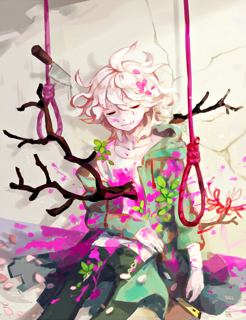 1boy against_wall blade bleeding blood blood_from_mouth blood_on_face blood_splatter blood_stain bloody_clothes boxcutter branch closed_eyes coat collarbone cuts dangan_ronpa death drawstring green_coat hair_between_eyes highres hood hood_down hooded_coat impaled injury knife komaeda_nagito leaf long_sleeves male_focus mayodalg messy_hair noose off-shoulder_coat open_clothes open_coat petals pink_blood plant self_harm shirt sitting slit_wrist smile solo super_dangan_ronpa_2 torn_clothes white_hair white_shirt wrist_cutting