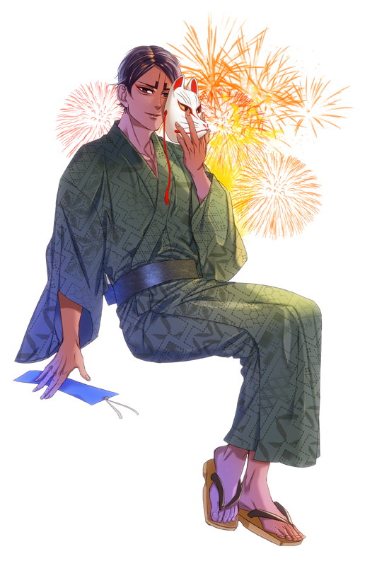 1boy alternate_costume bangs casual contemporary dark_skin dark_skinned_male festival fireworks full_body garamgum golden_kamuy green_kimono japanese_clothes kimono koito_otonoshin looking_at_viewer male_focus mask mask_removed parted_bangs purple_hair sandals short_hair sitting violet_eyes