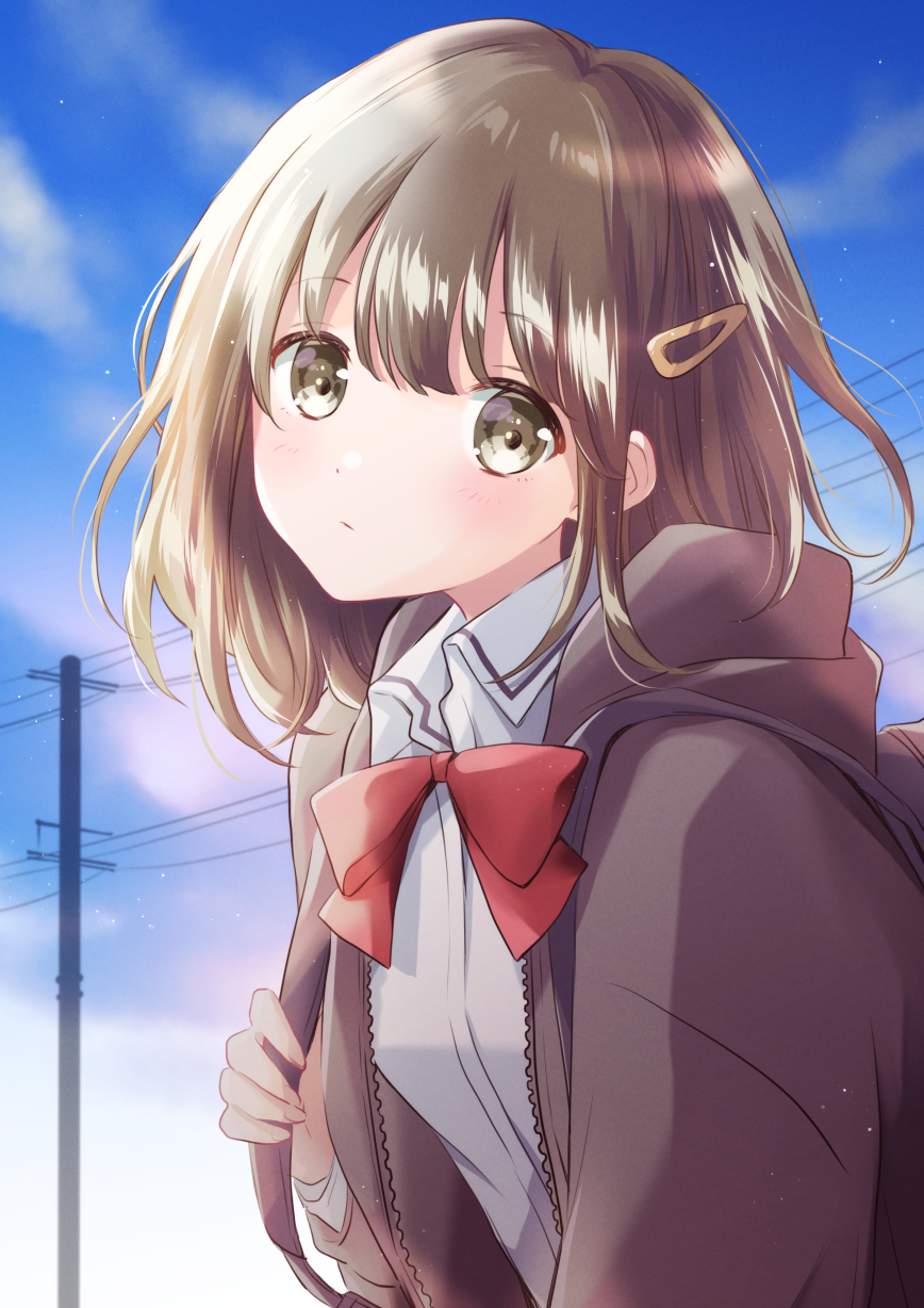 1girl bag bangs black_hoodie blue_sky blurry blurry_background bow bowtie brown_eyes brown_hair carrying clouds commentary day expressionless eyebrows_visible_through_hair hair_ornament hairclip head_tilt highres hood hood_down hoodie hoshiibara_mato leaning_forward looking_at_viewer open_clothes open_hoodie original outdoors power_lines red_neckwear school_bag school_uniform shirt short_hair shoulder_carry sky solo upper_body utility_pole white_shirt