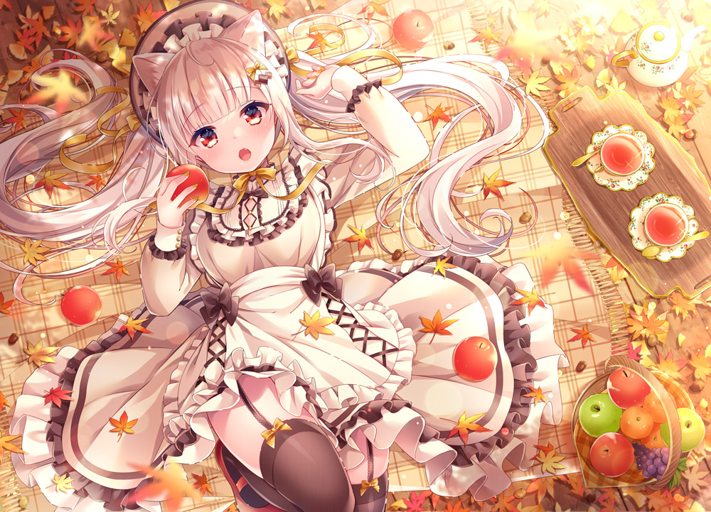 1girl :o animal_ear_fluff animal_ears apple apron arm_up autumn_leaves bangs blanket blush brown_legwear cat_ears commentary_request cup cutting_board dress eyebrows_visible_through_hair fang food frilled_apron frilled_dress frills fringe_trim from_above fruit garter_straps hat holding holding_food holding_fruit knee_up leaf long_hair long_sleeves looking_at_viewer lying maple_leaf nemuri_nemu on_back open_mouth original outdoors plaid pleated_dress red_apple red_eyes saucer silver_hair solo spoon sunset tea teacup thigh-highs twintails very_long_hair white_apron white_dress white_headwear