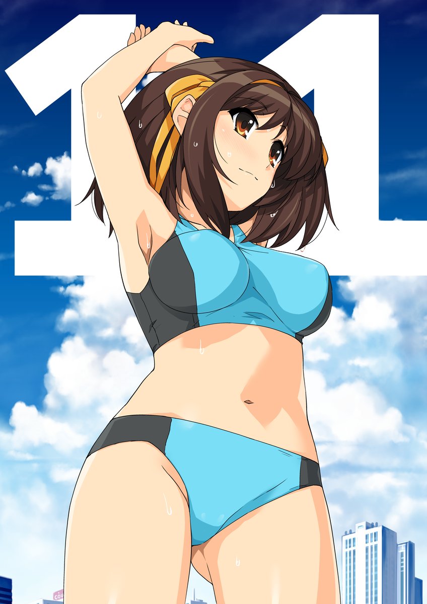 1girl armpits arms_up breasts brown_eyes brown_hair countdown hairband haruhisky highres light_blush light_smile medium_breasts medium_hair midriff navel number ribbon solo sports_bra stomach suzumiya_haruhi suzumiya_haruhi_no_yuuutsu sweat yellow_hairband yellow_ribbon