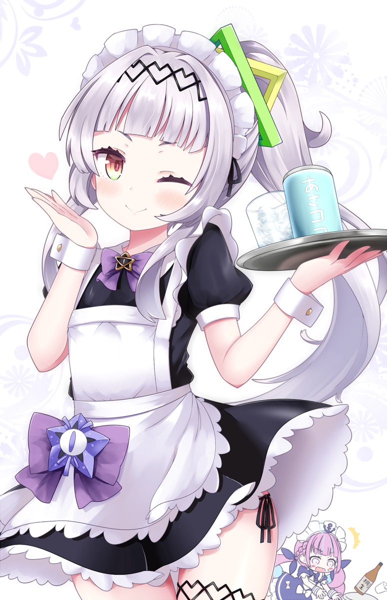 /\/\/\ 2girls alternate_costume alternate_eye_color alternate_hairstyle apron asacoco black_dress bow bowtie brooch can closed_mouth cocozasa cup dress drinking_glass dropping enmaided grey_background grey_hair hand_up heart_hairband high_ponytail highres holding holding_tray hololive ice ice_cube jewelry long_hair looking_at_viewer maid maid_headdress minato_aqua multiple_girls murasaki_shion one_eye_closed panties ponytail purple_bow purple_hair side-tie_panties sidelocks skirt skirt_lift soda_can solo_focus star_pin tray tripping tsurime underwear waitress wrist_cuffs