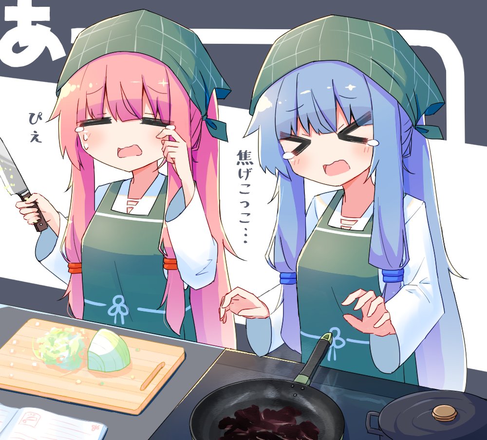 &gt;_&lt; 2girls =_= apron blue_hair book closed_eyes commentary cooking crying cutting_board frying_pan green_apron green_headwear hair_tie head_scarf hibino_000 holding holding_knife knife kotonoha_akane kotonoha_aoi long_hair multiple_girls onion open_book open_mouth pink_hair siblings sidelocks sisters table tears tenugui translated very_long_hair voiceroid wiping_tears