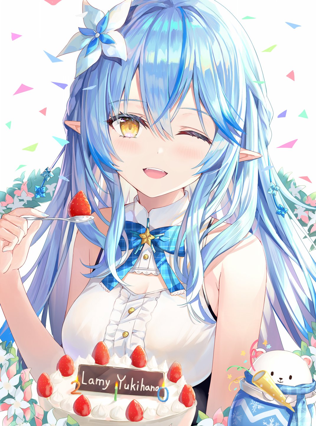 1girl bangs bare_arms birthday_cake blue_hair blue_neckwear bow bowtie braid breasts cake commentary_request confetti daifuku_(yukihana_lamy) elf eyebrows_visible_through_hair fangs flower food french_braid fruit hair_between_eyes hair_flower hair_ornament happy_birthday highres holding holding_spoon hololive long_hair looking_at_viewer medium_breasts one_eye_closed open_mouth pointy_ears rin_yuu shirt sidelocks sleeveless sleeveless_shirt solo spoon strawberry virtual_youtuber white_background white_shirt yellow_eyes yukihana_lamy