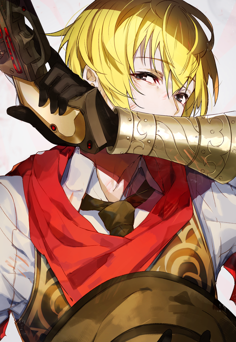 1boy black_eyes black_gloves black_neckwear blonde_hair collared_shirt copyright_request gloves gun hand_up holding holding_gun holding_weapon looking_at_viewer male_focus mika_pikazo necktie red_scarf scarf shirt simple_background solo trigger_discipline weapon white_background white_shirt wing_collar