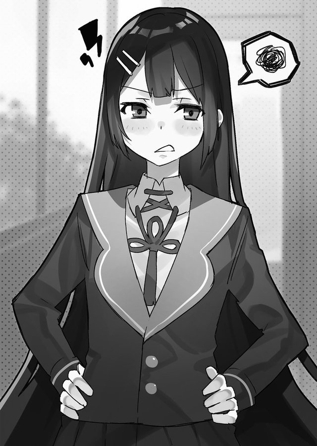 1girl blush butsuriteki_ni_koritsu_shiteiru_ore_no_koukou_seikatsu collared_shirt eyebrows_visible_through_hair frown greyscale hair_ornament hairclip halftone hands_on_hips jacket long_hair long_sleeves looking_at_viewer mika_pikazo monochrome official_art pleated_skirt school_uniform shirt skirt solo spoken_squiggle squiggle standing takawashi_enju tassel very_long_hair wing_collar