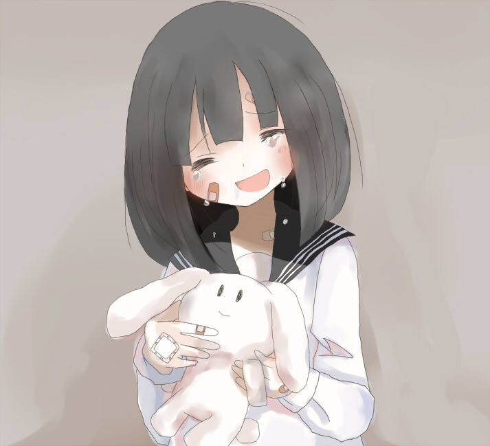 1girl :d bandaged_hand bandaid bandaid_on_face bandaid_on_finger bandaid_on_neck black_hair black_sailor_collar closed_eyes commentary_request crying facing_viewer grey_background head_tilt holding holding_stuffed_toy long_sleeves manmi open_mouth original sailor_collar school_uniform serafuku shirt smile solo stuffed_animal stuffed_bunny stuffed_toy white_shirt
