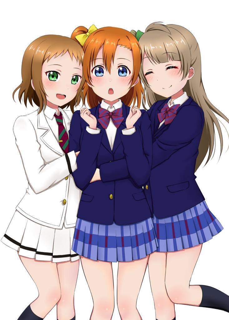 blue_eyes blush brown_hair closed_eyes girl_sandwich green_eyes hair_ornament kira_tsubasa kousaka_honoka long_hair love_live! love_live!_school_idol_project minami_kotori necktie orange_hair otonokizaka_school_uniform sandwiched school_uniform short_hair skirt smile user_jdms4387 utx_school_uniform