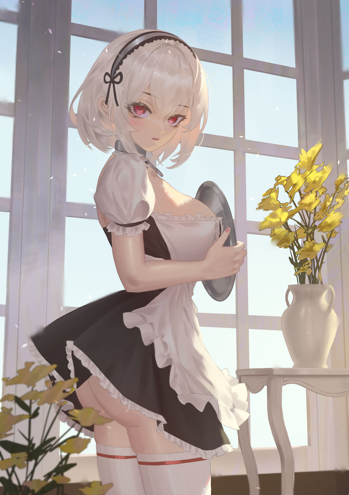 1girl apron ass azur_lane bangs black_dress blue_sky breasts cirilla commentary day dress eyebrows_visible_through_hair flower flower_pot frilled_apron frills from_side hair_between_eyes hairband highres holding holding_tray indoors large_breasts light_blush looking_at_viewer maid puffy_short_sleeves puffy_sleeves red_eyes short_hair short_sleeves sidelocks silver_hair sirius_(azur_lane) sky solo standing sunlight table thigh-highs tray vase white_apron white_legwear window