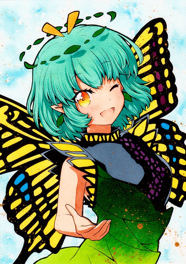 1girl antennae aqua_hair butterfly_wings dress eternity_larva green_dress hair_ornament kariyushi_shirt leaf leaf_hair_ornament leaf_on_head looking_at_viewer multicolored multicolored_clothes multicolored_dress qqqrinkappp short_sleeves single_strap smile touhou traditional_media wings yellow_eyes yellow_wings