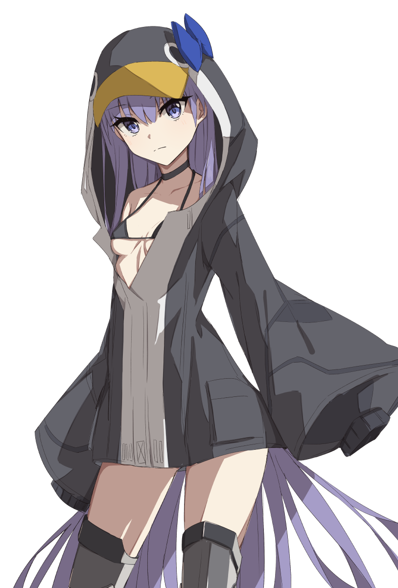 1girl animal_hood bangs bare_shoulders bikini black_bikini black_jacket blue_bow blue_eyes bow breasts choker closed_mouth collarbone elfenlied22 fate/grand_order fate_(series) greaves highres hood hood_up jacket long_hair long_sleeves looking_at_viewer meltryllis meltryllis_(swimsuit_lancer)_(fate) penguin_hood prosthesis prosthetic_leg purple_hair simple_background sleeves_past_fingers sleeves_past_wrists small_breasts swimsuit thighs very_long_hair white_background