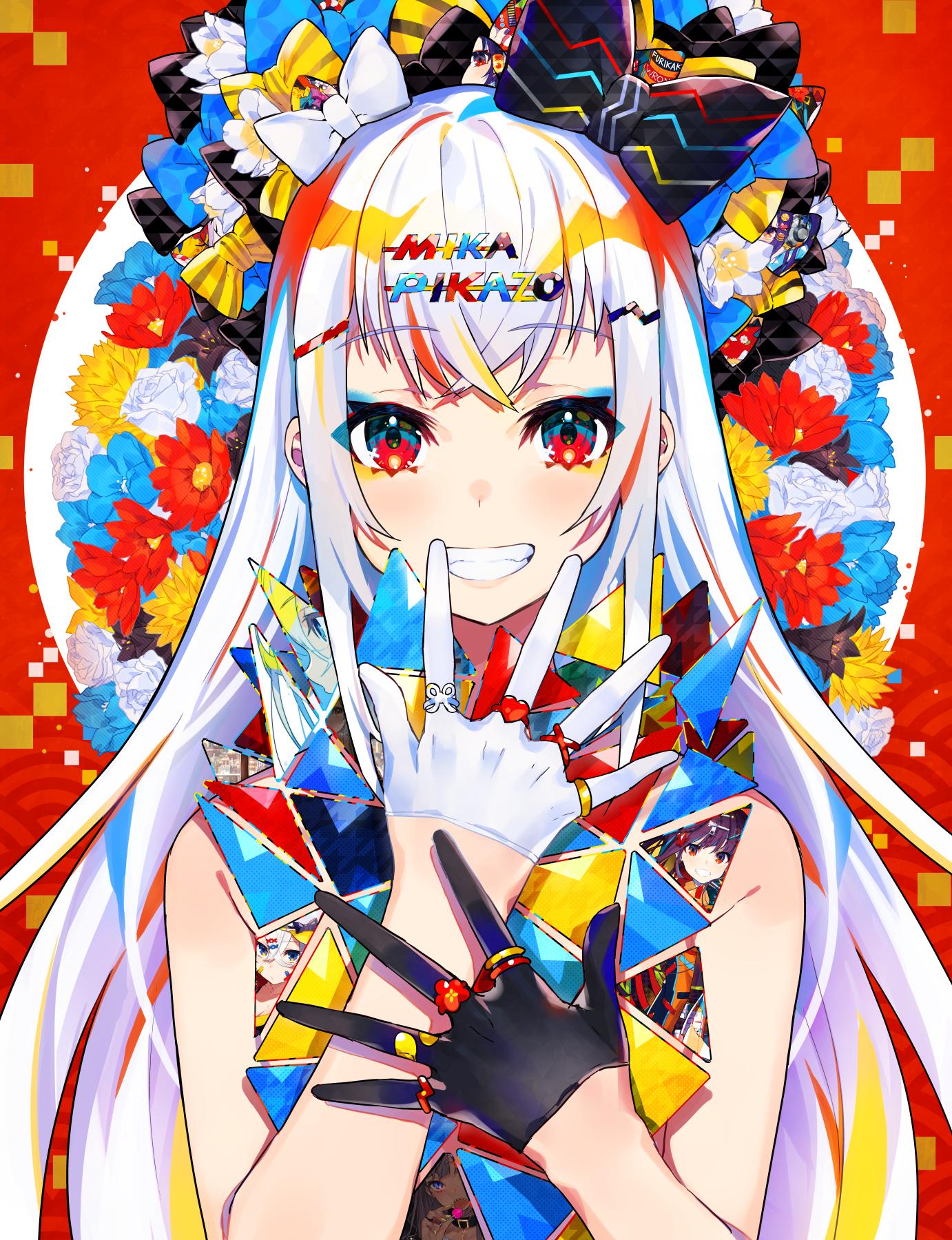 1girl artist_name bangs black_bow black_flower black_gloves blonde_hair blue_flower bow crossed_bangs eyebrows_visible_through_hair flower gloves grin hair_bow hair_ornament hairclip half_gloves heart highres jewelry long_hair mika_pikazo mismatched_gloves multicolored_hair original red_eyes red_flower redhead ring rose smile solo streaked_hair striped striped_bow upper_body very_long_hair white_bow white_flower white_gloves white_hair white_rose yellow_bow yellow_flower