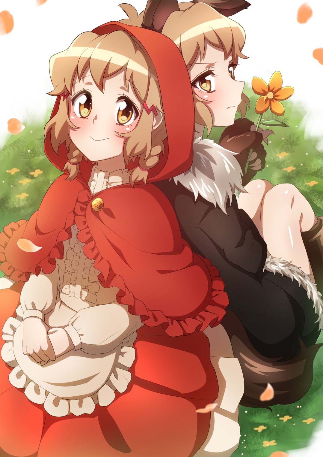 2girls animal_ears big_bad_wolf big_bad_wolf_(cosplay) blonde_hair blush braid brown_eyes capelet closed_mouth cosplay fake_animal_ears flower hair_ornament hairclip highres little_red_riding_hood_(grimm) little_red_riding_hood_(grimm)_(cosplay) looking_at_viewer multiple_girls red_capelet senki_zesshou_symphogear shiny shiny_hair shiny_skin short_hair sitting smile tachibana_hibiki_(symphogear) tail wolf_ears wolf_tail yukitsuba_hina