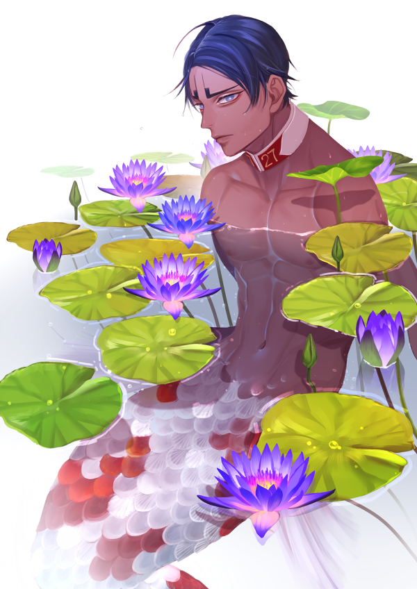 1boy abs chest dark_skin dark_skinned_male detached_collar flower garamgum golden_kamuy koito_otonoshin looking_at_viewer male_focus merman monster_boy navel nipples plant purple_hair scales short_hair submerged toned toned_male violet_eyes water