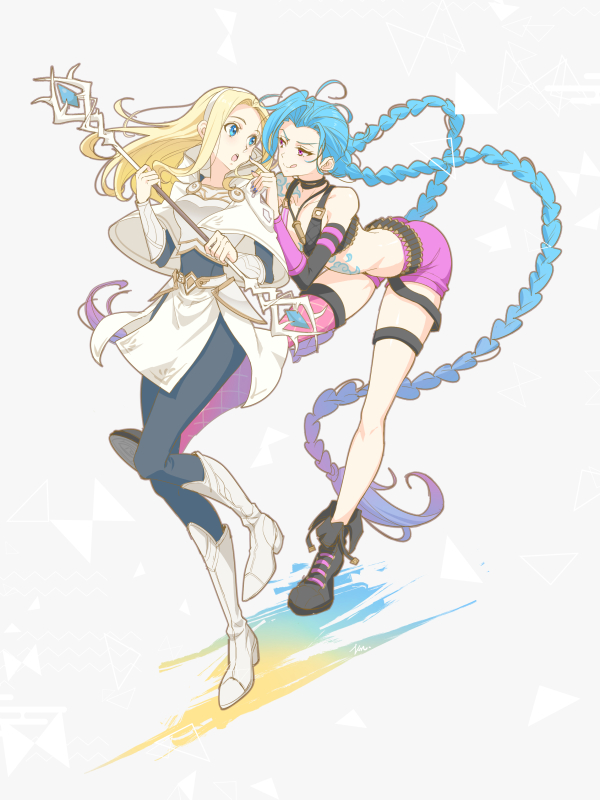 2girls bare_shoulders black_footwear blonde_hair blue_eyes blue_hair blue_nails bullet bullet_necklace choker closed_fan fan fingernails folding_fan gradient gradient_background gradient_legwear hairband holding holding_staff jewelry jinx_(league_of_legends) kn_knowhere league_of_legends long_hair luxanna_crownguard medium_hair multiple_girls necklace open_mouth pink_eyes shiny shiny_skin single_thighhigh staff tattoo teeth thigh-highs thigh_strap tongue tongue_out upper_teeth very_long_hair white_footwear white_hairband