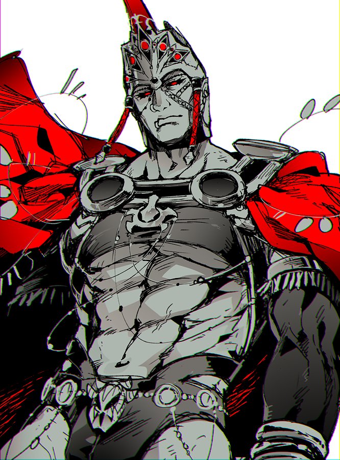 1boy abs black_sclera cape chest chest_harness earrings elbow_gloves fate/grand_order fate_(series) gloves harness hat helmet jewelry koshiro_itsuki lip_piercing looking_at_viewer male_focus muscle navel piercing red_cape red_eyes revealing_clothes romulus_(fate/grand_order) simple_background solo upper_body