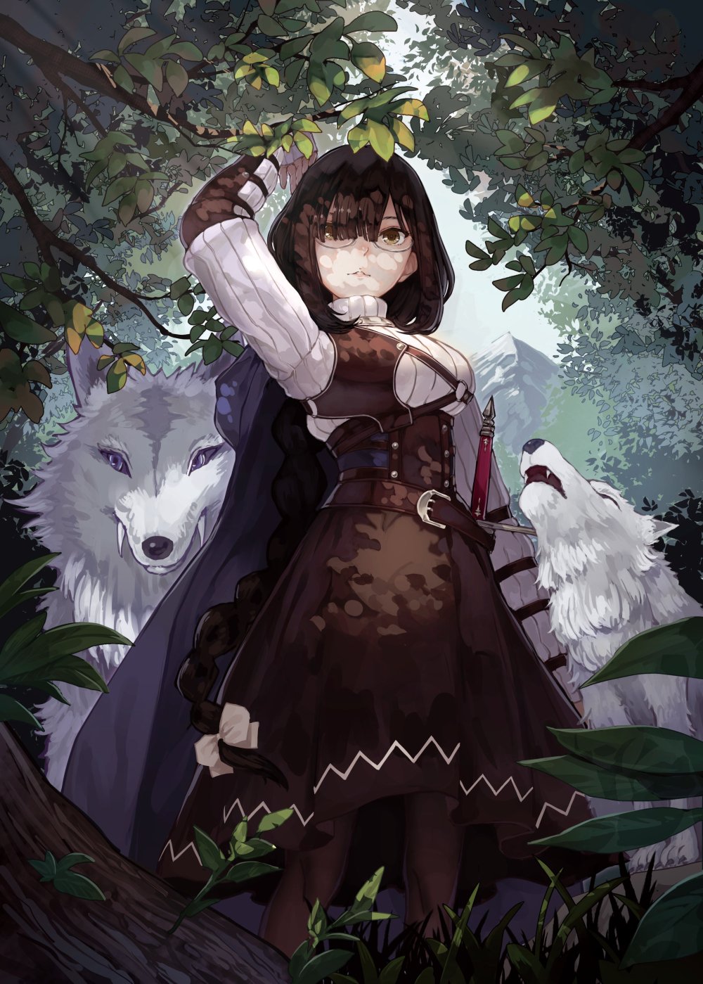 1girl belt braid brown_dress brown_eyes brown_hair brown_legwear dappled_sunlight day dress fingerless_gloves forest glasses gloves hand_up highres long_hair looking_at_viewer muneate nature original outdoors pantyhose parted_lips single_braid smile solo standing sunlight sword very_long_hair weapon wolf yasukura_(shibu11)