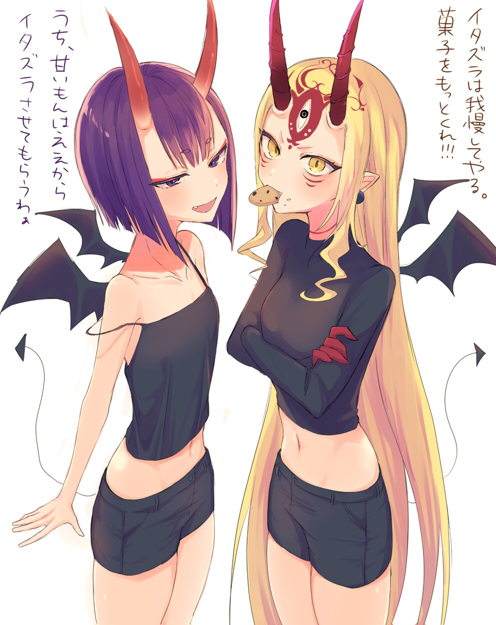 bare_shoulders black_camisole black_shirt black_shorts blonde_hair bob_cut breasts camisole cookie demon_tail demon_wings eyeliner fate/grand_order fate_(series) food highres horns ibaraki_douji_(fate/grand_order) ichiya1115 long_sleeves makeup midriff mouth_hold navel oni oni_horns purple_hair shirt short_hair shorts shuten_douji_(fate/grand_order) skin-covered_horns small_breasts tail thighs translation_request violet_eyes wings yellow_eyes