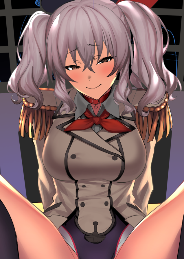 1girl bangs black_legwear black_swimsuit competition_swimsuit epaulettes eyebrows_visible_through_hair grey_eyes hair_between_eyes jacket kantai_collection kashima_(kantai_collection) kerchief kneehighs long_sleeves military_jacket one-piece_swimsuit red_neckwear sidelocks silver_hair sitting smile solo spread_legs swimsuit swimsuit_under_clothes tsurime twintails ulrich_(tagaragakuin) wavy_hair white_jacket