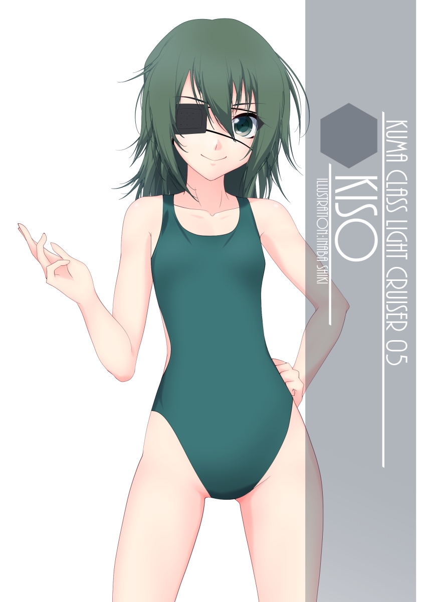 1girl artist_name character_name commentary_request competition_swimsuit cowboy_shot eyepatch flat_chest green_eyes green_hair green_swimsuit hand_on_hip highres inaba_shiki kantai_collection kiso_(kantai_collection) looking_at_viewer one-piece_swimsuit short_hair smile solo swimsuit