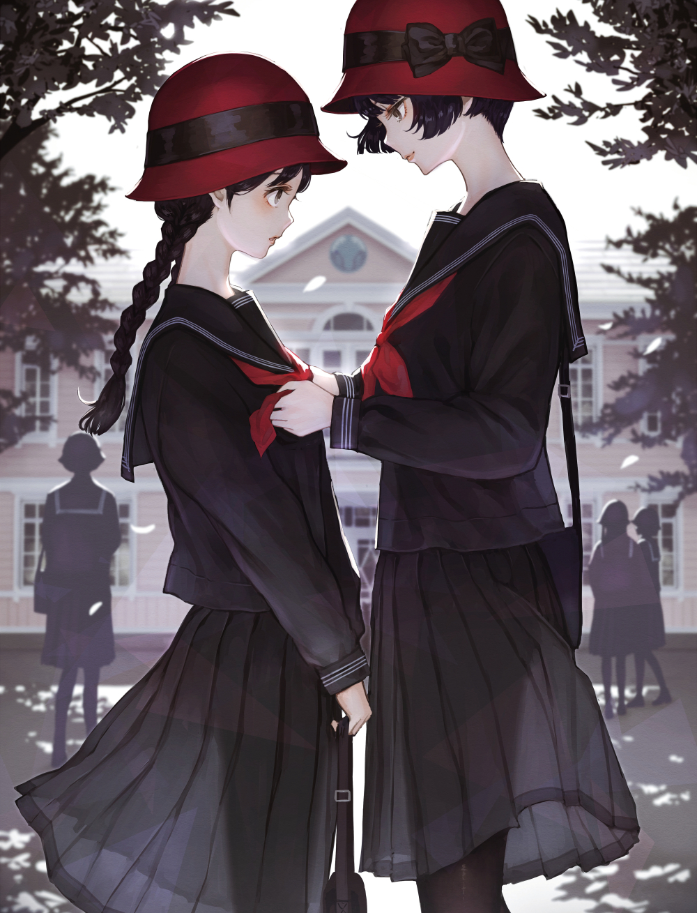 2girls adjusting_another's_clothes bag black_bow black_eyes black_sailor_collar black_serafuku black_shirt black_skirt blush bow braid brown_legwear closed_mouth day eye_contact from_side grey_sky hat hat_bow height_difference highres holding holding_bag long_hair long_sleeves looking_at_another multiple_girls neckerchief original outdoors pantyhose people pleated_skirt profile red_neckwear sailor_collar school school_hat school_uniform see-through_silhouette see-through_skirt serafuku shirt short_hair single_braid skirt smile tree v_arms yasukura_(shibu11)