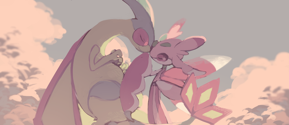 2others claws closed_eyes dragon flygon forehead-to-forehead gen_3_pokemon gen_7_pokemon lurantis maru_(umc_a) multiple_others orchid_mantis pink_cloud pokemon smile sunset wings