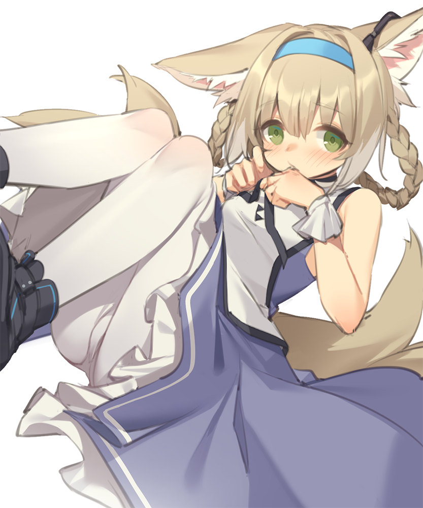 1girl animal_ear_fluff animal_ears arknights bangs bare_shoulders black_footwear blue_hairband blush boots braid breasts brown_hair closed_mouth commentary_request eyebrows_visible_through_hair feet_out_of_frame frilled_skirt frills green_eyes hair_between_eyes hair_rings hairband hands_up kildir knees_up looking_at_viewer multiple_tails panties panties_under_pantyhose pantyhose purple_skirt shirt skirt sleeveless sleeveless_shirt small_breasts solo suzuran_(arknights) tail underwear white_legwear white_shirt wrist_cuffs