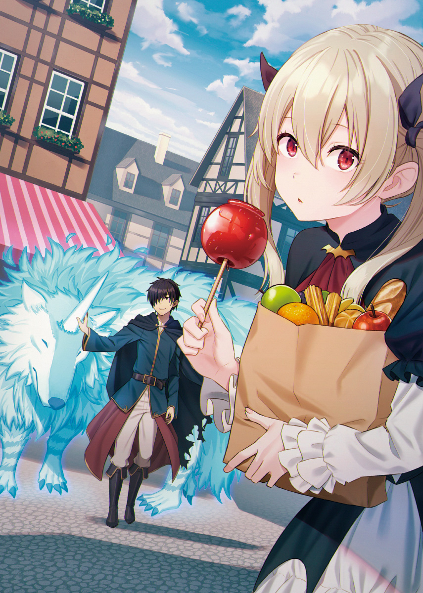 1boy 1girl bag bangs black_cape black_dress black_footwear black_hair black_ribbon blue_jacket boots building candy cape commentary_request day dress eyebrows_visible_through_hair food frilled_sleeves frills grey_pants groceries grocery_bag hair_between_eyes hair_ribbon highres holding holding_bag holding_food horns hyuuga_azuri jacket knee_boots light_brown_hair long_hair long_sleeves looking_at_viewer monster original outdoors pants paper_bag parted_lips puffy_short_sleeves puffy_sleeves red_eyes ribbon shopping_bag short_over_long_sleeves short_sleeves twintails white_dress