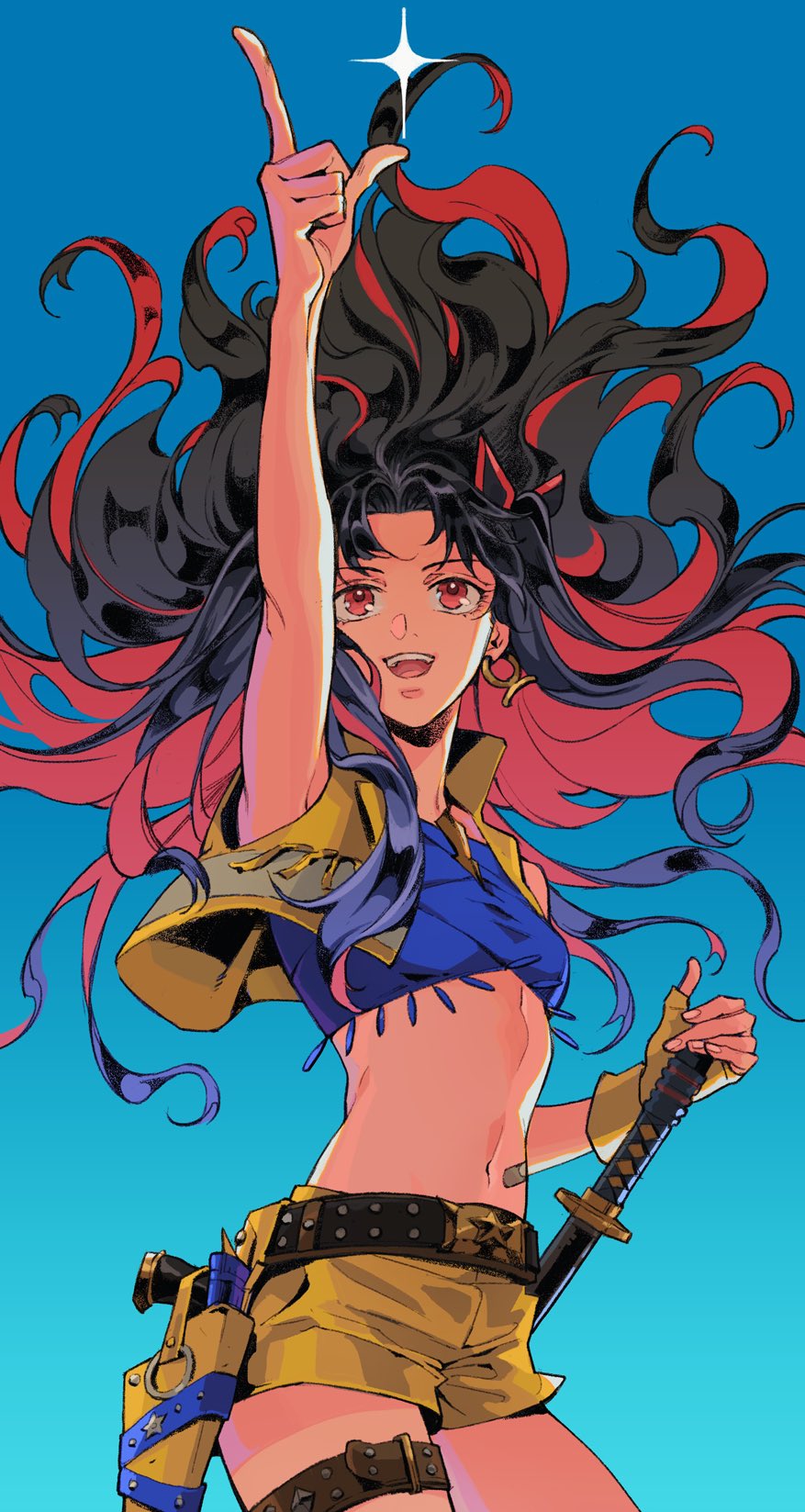 1girl arm_up armpit_peek bandaid bandaid_on_stomach belt belt_buckle black_belt black_hair black_ribbon blouse blue_blouse breasts buckle chiamo_(lmc_clm) colored_inner_hair cowboy cowboy_shot crop_top earrings fate/grand_order fate_(series) finger_gun gradient gradient_background gun hair_ribbon highres holster holstered_weapon ishtar_(fate)_(all) ishtar_(fate/grand_order) jewelry katana long_hair looking_up midriff multicolored_hair navel open_mouth pointing pointing_up red_eyes redhead ribbon shadow sheath sheathed short_shorts shorts simple_background sky sleeveless sleeveless_blouse small_breasts smile solo star_(sky) star_(symbol) sword thigh_strap thighs two_side_up very_long_hair vest weapon western yellow_shorts yellow_vest