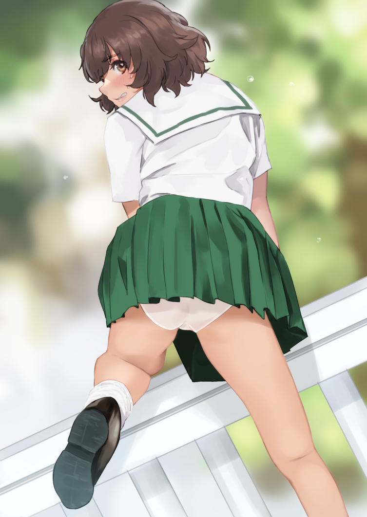 1girl akiyama_yukari ass bangs blouse blurry blurry_background blush brown_eyes brown_footwear brown_hair climbing commentary_request day depth_of_field droplet dutch_angle from_behind frown girls_und_panzer green_skirt hami_dmg leg_up loafers looking_at_viewer looking_back messy_hair miniskirt ooarai_school_uniform open_mouth outdoors panties pantyshot partial_commentary pleated_skirt railing sailor_collar school_uniform shoes short_hair short_sleeves skirt socks solo standing standing_on_one_leg summer_uniform sweat underwear white_blouse white_legwear white_panties white_sailor_collar