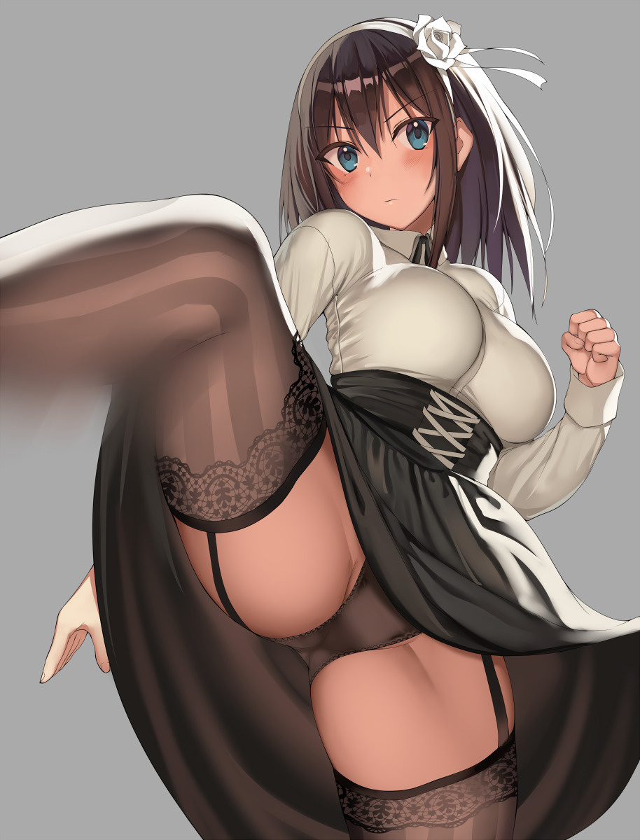 1girl black_skirt blue_eyes blush breasts brown_hair brown_legwear brown_panties clenched_hands closed_mouth collared_shirt flower garter_straps grey_background hair_flower hair_ornament hairband hand_up high-waist_skirt highres kicking kureha_(ironika) large_breasts lifted_by_self long_hair long_skirt long_sleeves looking_at_viewer original panties rose shirt simple_background skirt skirt_lift solo standing standing_on_one_leg striped striped_legwear thigh-highs tsubasa_(kureha) underwear white_flower white_rose white_shirt wing_collar
