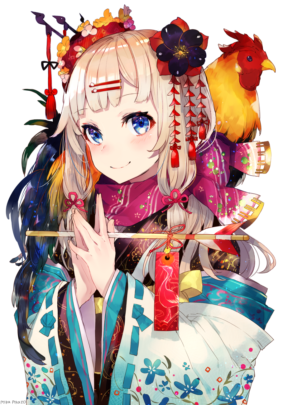 1girl arrow_(projectile) artist_name bird blonde_hair blue_eyes blush chicken chinese_zodiac floral_print flower hair_flower hair_ornament hair_ribbon hairclip hamaya hands_together highres holding holding_arrow japanese_clothes kanzashi kimono long_sleeves looking_at_viewer low_twintails mika_pikazo new_year obi original ribbon rooster sash scarf signature smile solo tress_ribbon tsumami_kanzashi twintails upper_body white_background wide_sleeves year_of_the_rooster