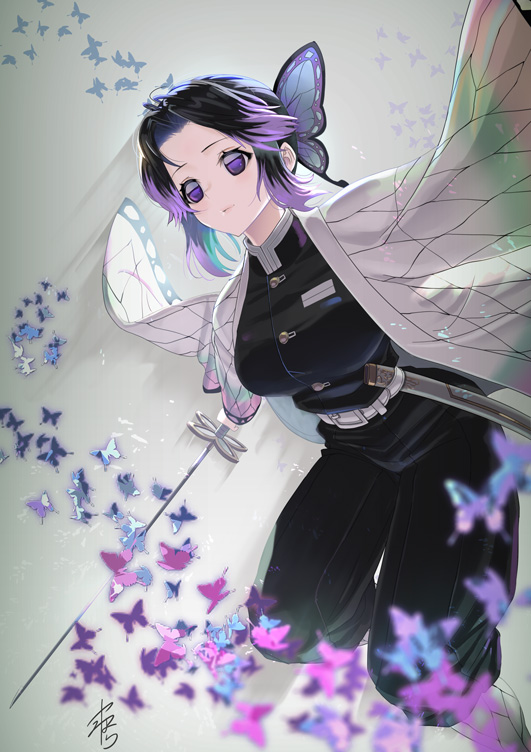 1girl animal_print artist_name bangs belt black_hair black_jacket blue_butterfly blurry_foreground bug butterfly butterfly_hair_ornament butterfly_print closed_mouth commentary grey_background grey_legwear hair_ornament haori high_collar holding holding_sword holding_weapon insect jacket japanese_clothes katana kimetsu_no_yaiba kneehighs kochou_shinobu leaning_forward light_smile long_sleeves looking_to_the_side multicolored_hair pants print_legwear purple_butterfly purple_hair short_hair sidelocks signature solo standing standing_on_one_leg sword uniform violet_eyes weapon white_belt yamahara
