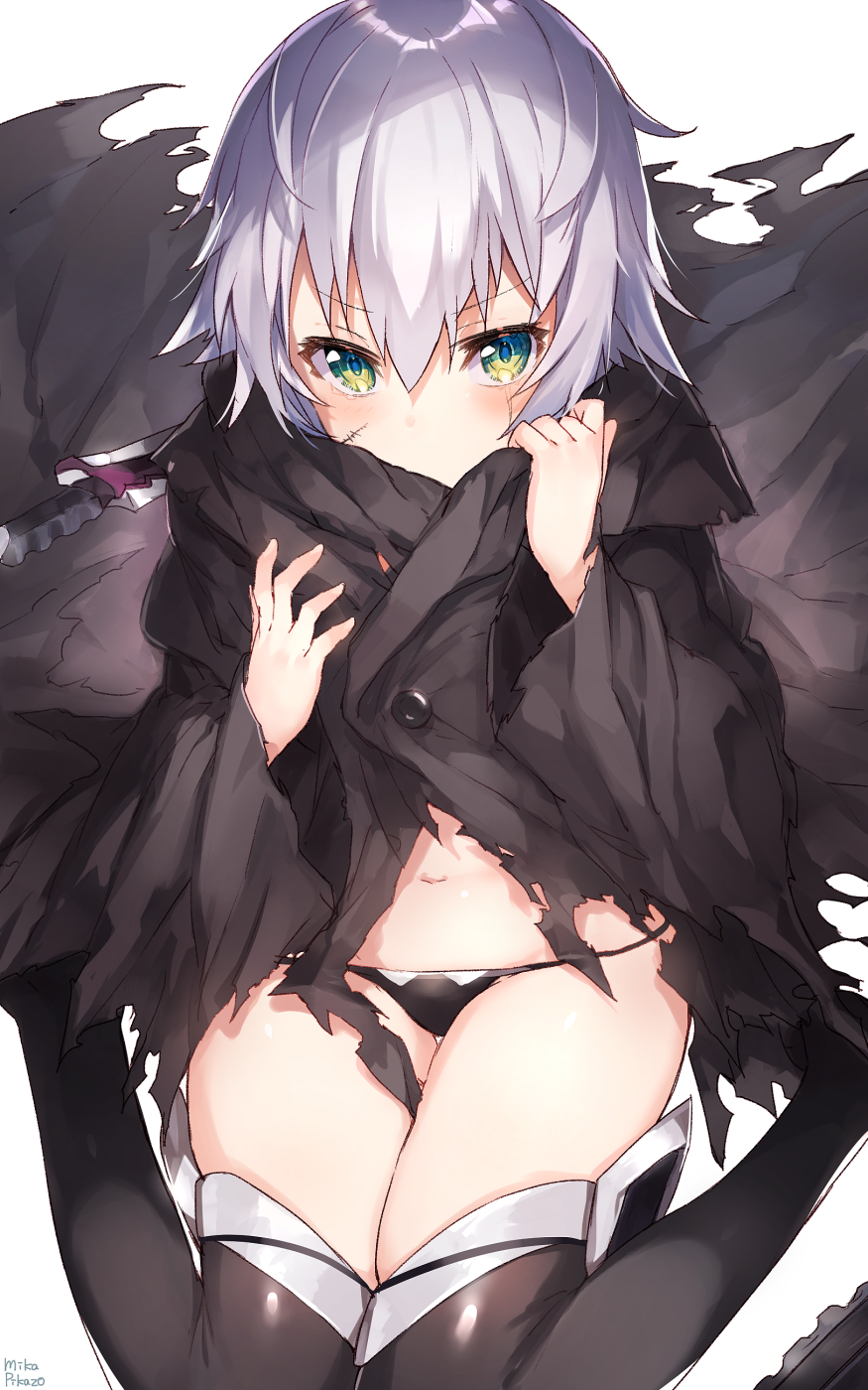 1girl artist_name black_legwear black_panties cloak covered_mouth fate/apocrypha fate_(series) green_eyes highres jack_the_ripper_(fate/apocrypha) looking_at_viewer lowleg lowleg_panties mika_pikazo navel panties short_hair silver_hair simple_background sitting solo thigh-highs torn_clothes underwear wariza white_background