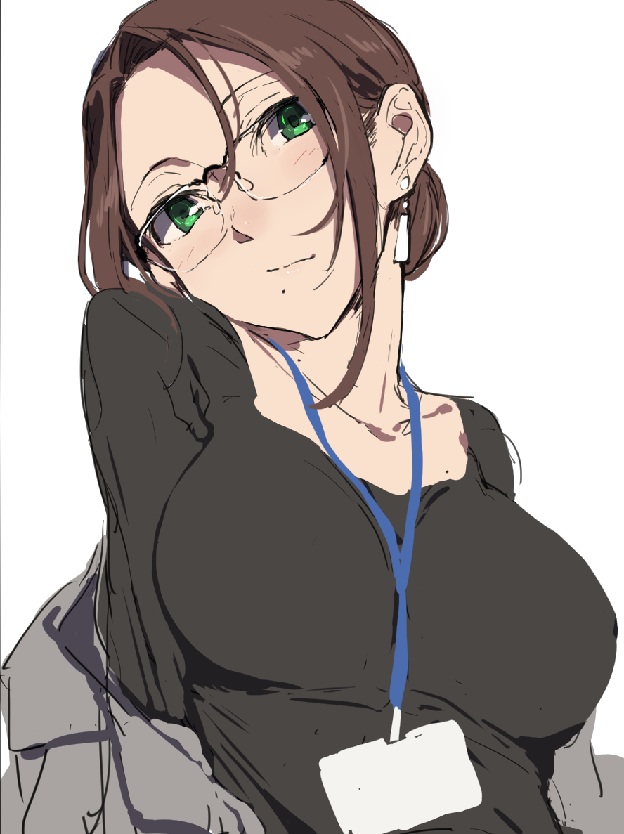 1girl bangs black_sweater blush breasts brown_hair closed_mouth collarbone earrings glasses green_eyes grey_jacket hair_between_eyes head_tilt id_card jacket jewelry lanyard large_breasts mole mole_under_mouth nagioka office_lady original parted_bangs sidelocks sweater white_background