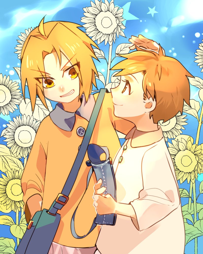 2boys alphonse_elric aqua_background arm_at_side av_(abusive) bag blonde_hair blue_background blush brothers buttons child clenched_teeth closed_mouth collared_shirt dot_nose edward_elric eyebrows_visible_through_hair eyelashes eyes_visible_through_hair facing_away field flower flower_field fullmetal_alchemist gradient gradient_background grey_shirt grin hand_up happy holding holding_bag jitome leaf leaning leaning_to_the_side long_sleeves looking_at_another male_focus multiple_boys nose_blush orange_shirt partially_colored profile shiny shiny_hair shirt siblings side-by-side simple_background smile star_(symbol) starry_background sunflower tareme teeth upper_body v-shaped_eyebrows wide_sleeves yellow_eyes yellow_theme younger