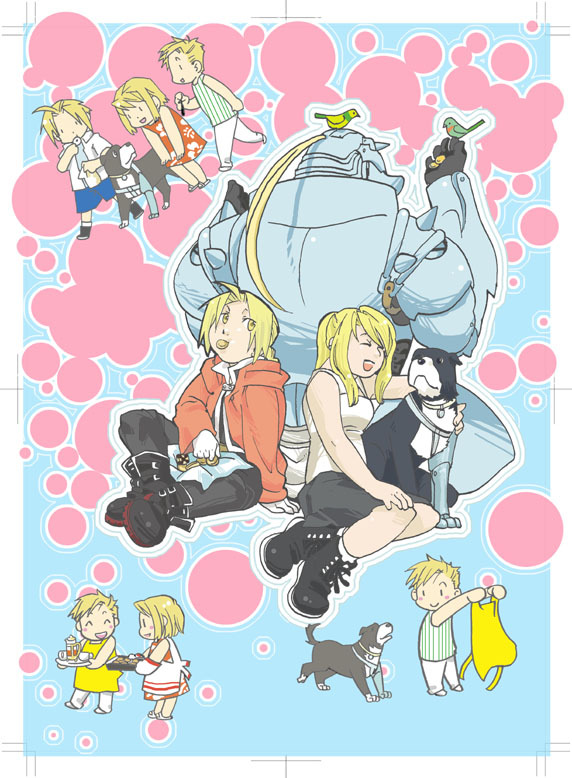 1girl 2boys 5kawa8gi :d ^_^ age_comparison alphonse_elric animal animal_on_head ankle_boots apron aqua_background arm_support armor automail bent_over bird bird_on_hand bird_on_head black_footwear black_gloves black_skirt blonde_hair blue_shorts blush blush_stickers boots border chibi child closed_eyes commentary_request cookie cross-laced_footwear crossed_ankles cup den_(fma) dog dot_nose dress eating edward_elric facing_away floral_print food food_in_mouth full_body fullmetal_alchemist gloves happy indian_style jacket jar laughing looking_at_animal looking_at_another looking_back looking_down multiple_boys no_nose on_head open_mouth outline outstretched_arm oven_mitts pants polka_dot polka_dot_background ponytail profile red_dress red_jacket sandals shirt short_hair shorts sidelocks simple_background sitting skirt smile socks striped striped_shirt teacup teenage tray vertical-striped_shirt vertical_stripes walking white_border white_footwear white_gloves white_legwear white_outline white_pants winry_rockbell yellow_apron younger |_|